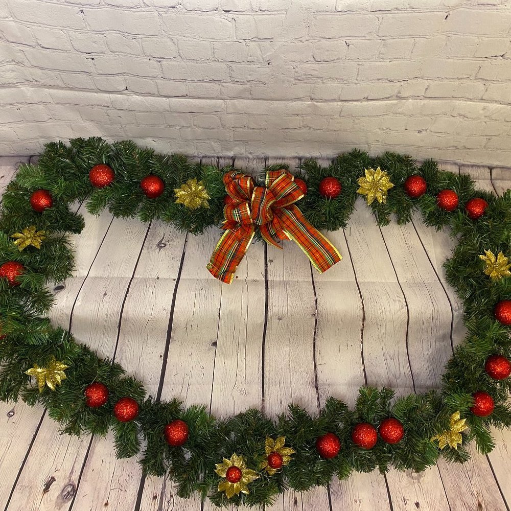 Christmas fireplace Garland Flowers plaid bow 9 feet RED GOLD